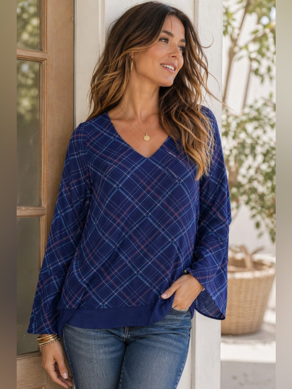 ✨ Lauren Conrad Plaid Lace Back Blouse ✨